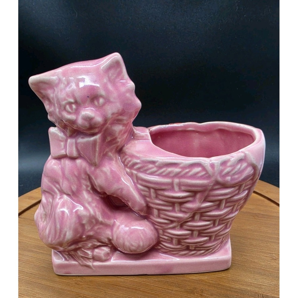 Vintage 1940s Nelson McCoy Pink Cat w/ Basket Planter Ceramic Succulent Planter